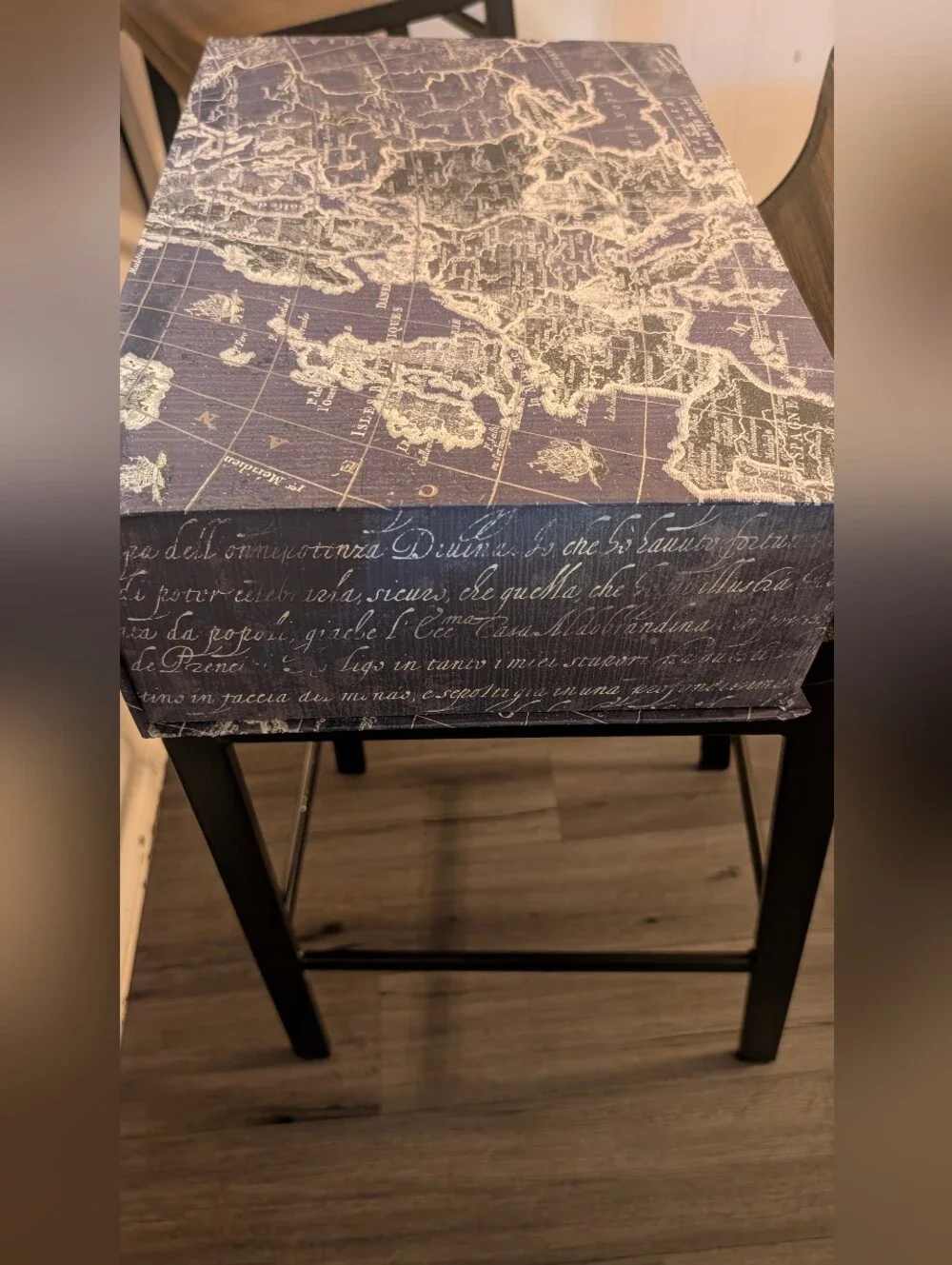 Vintage-Style Blue and Cream World Map Storage Box Like New